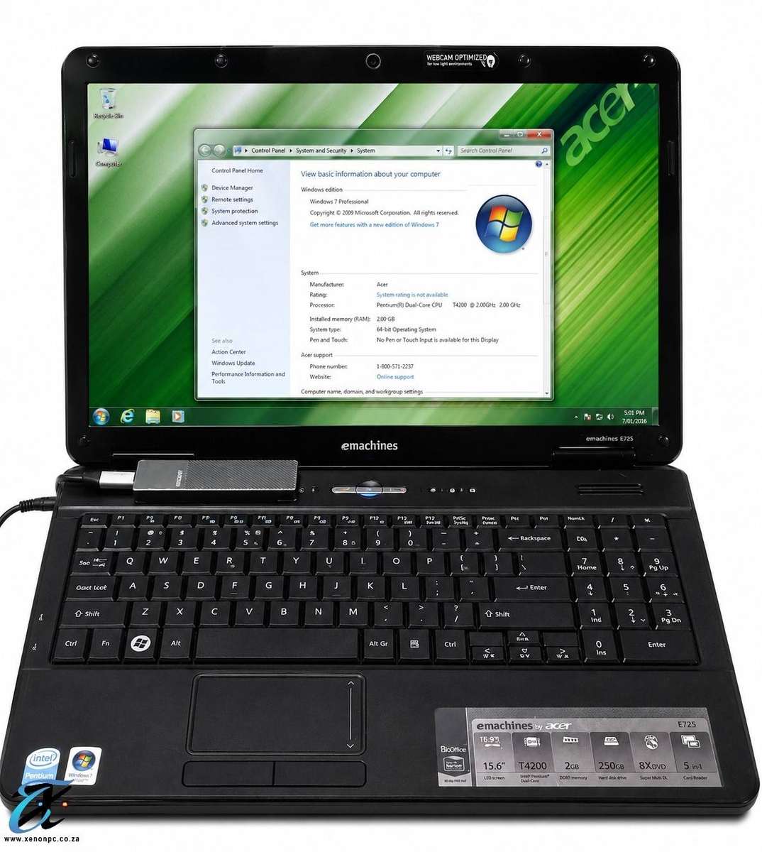 eMachines E725 15.6 Laptop Intel Pentium Dual-Core T4200 2GHz 2GB RAM 250GB HDD Windows 7