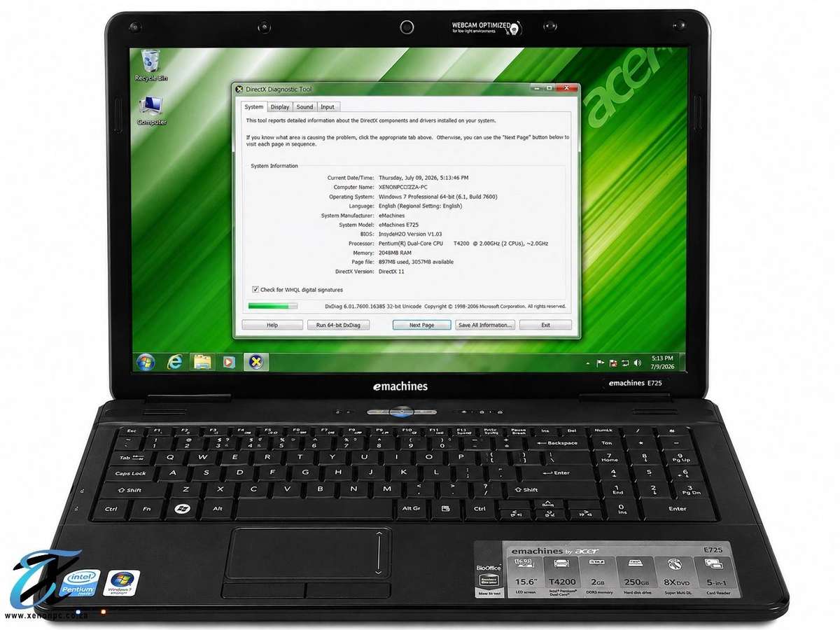 eMachines E725 15.6 Laptop Intel Pentium Dual-Core T4200 2GHz 2GB RAM 250GB HDD Windows 7