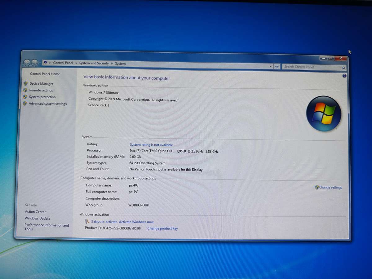 Complete set PROLINE PC . Intel core 2 Quad Q9550 @ 2.83GHz (4CPUs)+Monitor+keyboard & Mouse + Cable