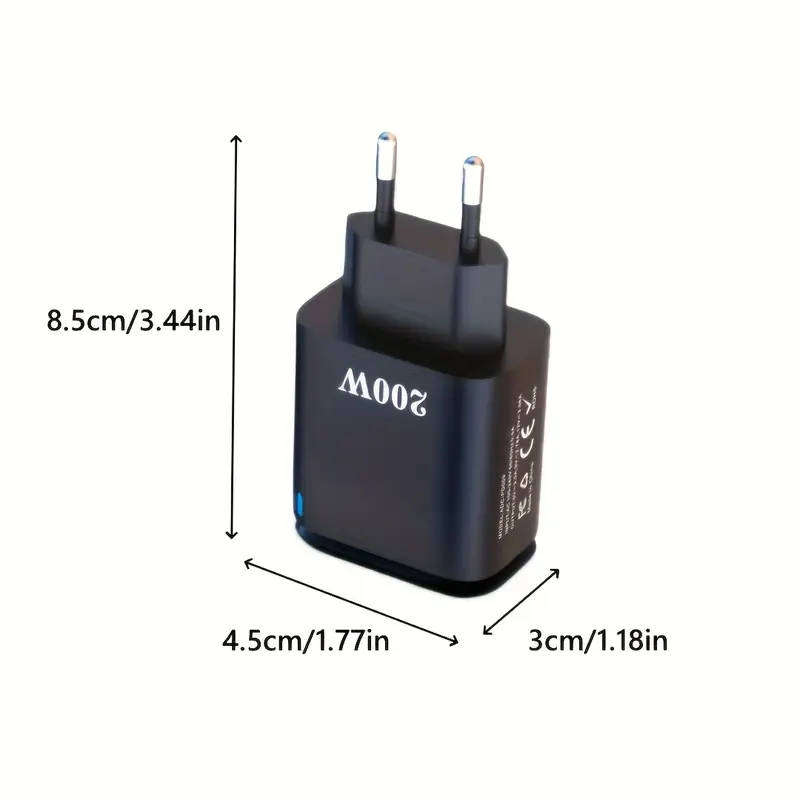 200W PD Fast Charger with EU Type-C Plug, Universal Reverse Charging Phone Adapter