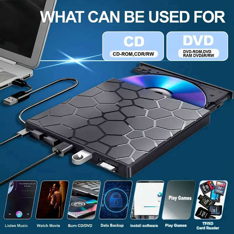 8in 1 External DVD Drive, Amicool USB 3.0 Type-C CD DVD +/-RW Optical Drive