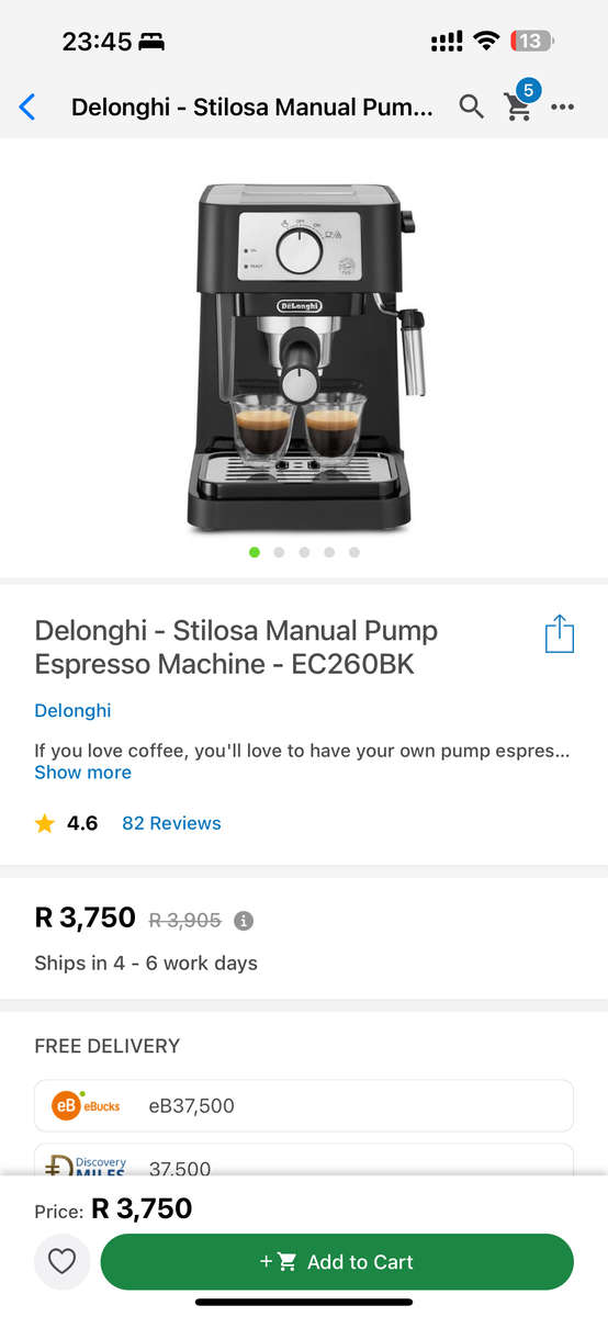 Delonghi Stilosa Espresso/Cappuccino Machine - EC260.BK