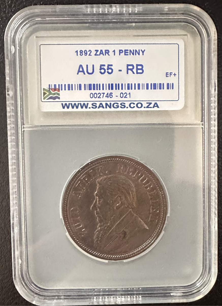 1892 ZAR Penny Red Brown AU55 SANGS coin