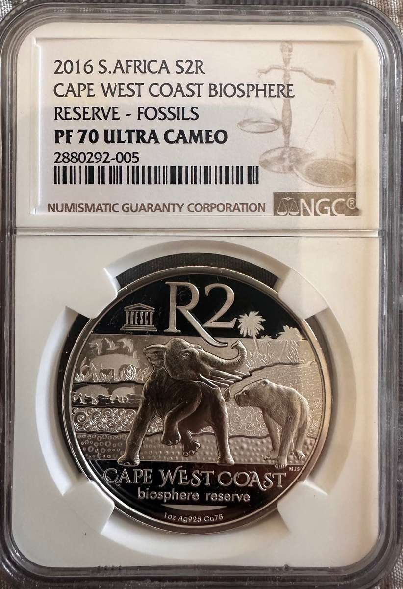 V Scarce only 98 minted! 2016 R2 Cape West Coast Biosphere Reserve Fossil Silver coin NGC PF70 UC