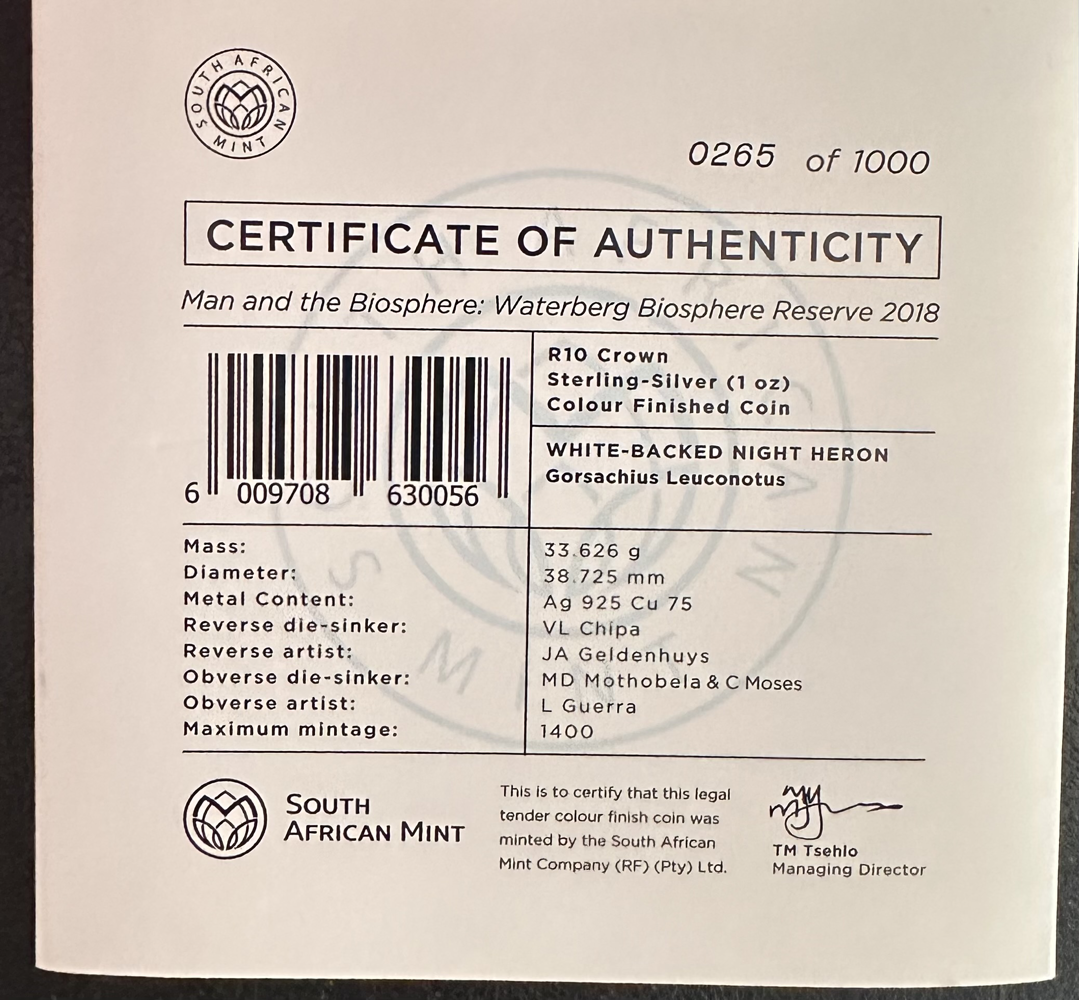 2018 Proof R10 White Backed Night Heron 1oz Silver Colour coin