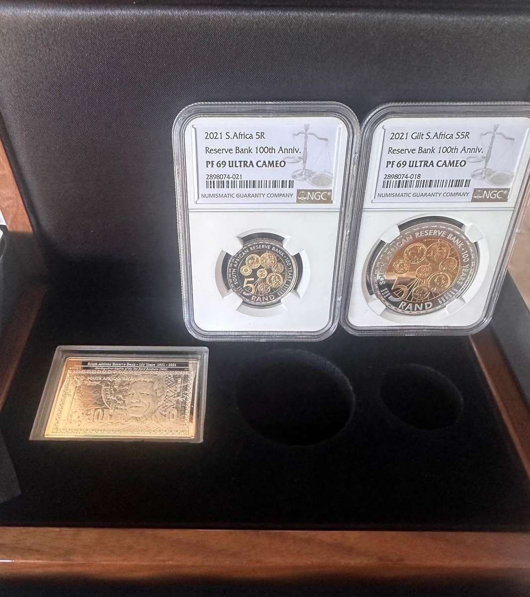 2021 100 year reserve bank set  Proof R5 1oz silver, proof R5 NGC graded PF69 and Silver banknote