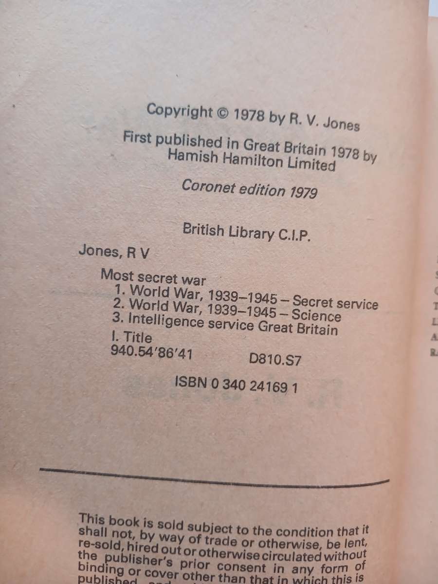Most Secret War, British Scientific Intelligence 1939-1945 by R.V. Jones