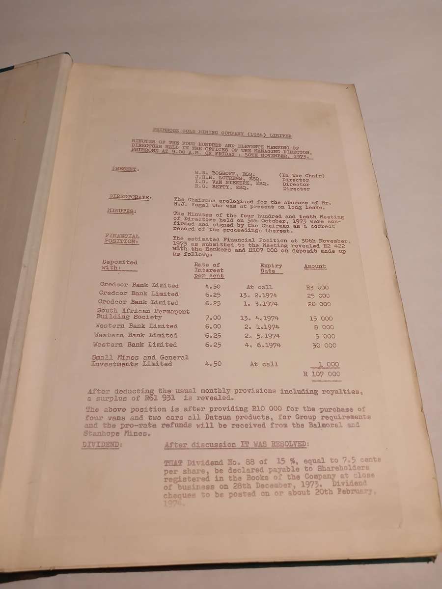 Primrose Gold Mining Company Directors' Minutes 1973-1981
