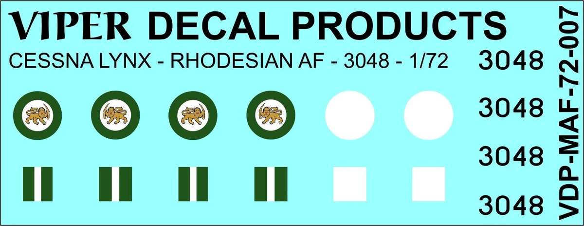 Rhodesian Air Force Cessna Lynx 3048 Decal Set - 1/72 Scale (Viper Decal Products)(MAF72007)