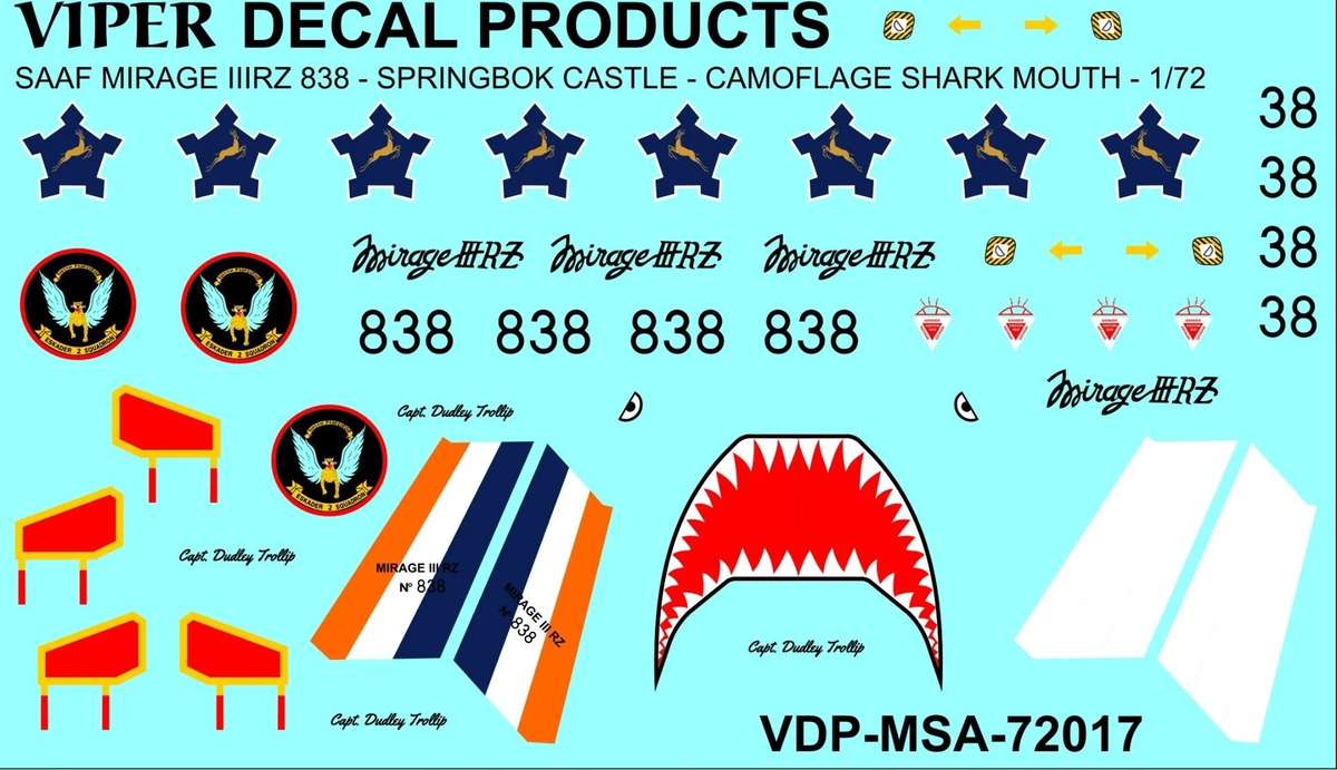 SAAF Mirage IIIRZ '838' Camo scheme with 'Shark Mouth' - 1/72 Scale (Viper Decal Products)(MSA72017)