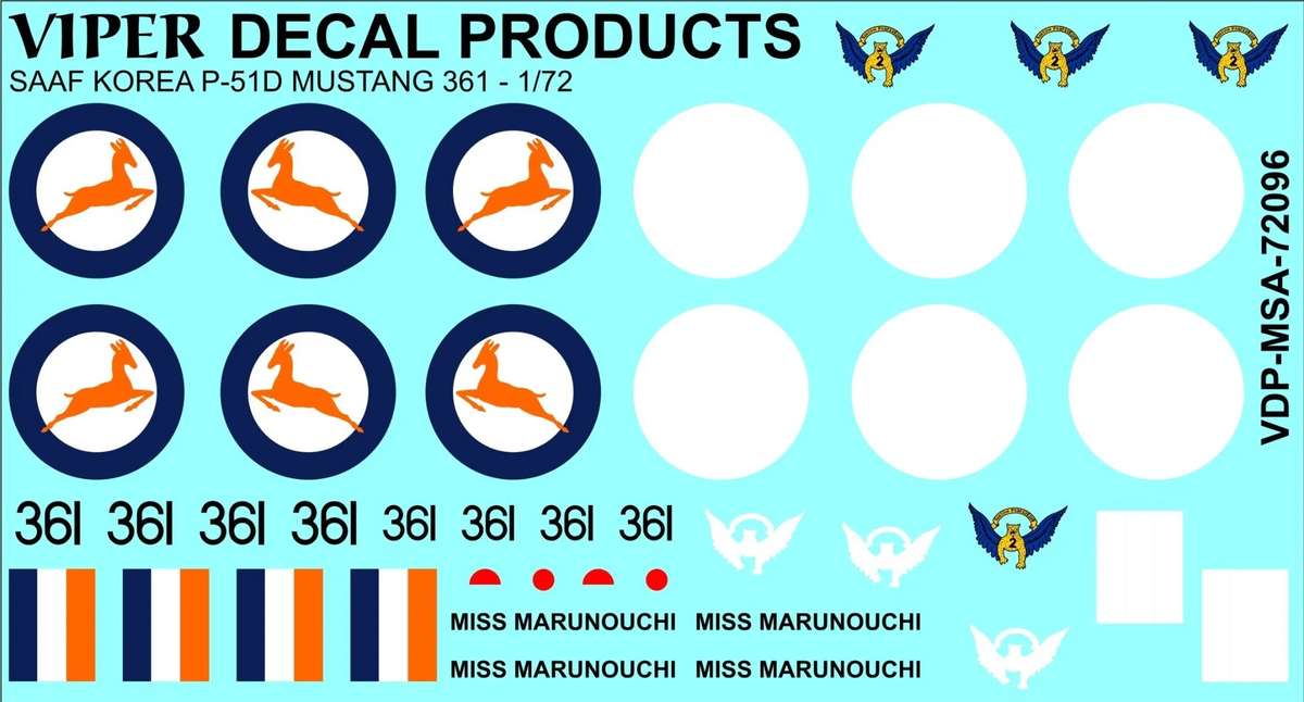 SAAF Korea P-51D Mustang '361' "Miss Marunouchï" - 1/72 Scale (Viper Decal Products)(MSA72096)