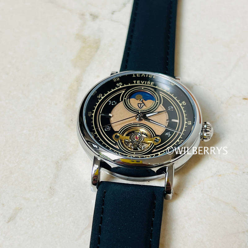 TEVISE ® Mens Namura Moonphase 41mm Tourbi Automatic Leather Watch