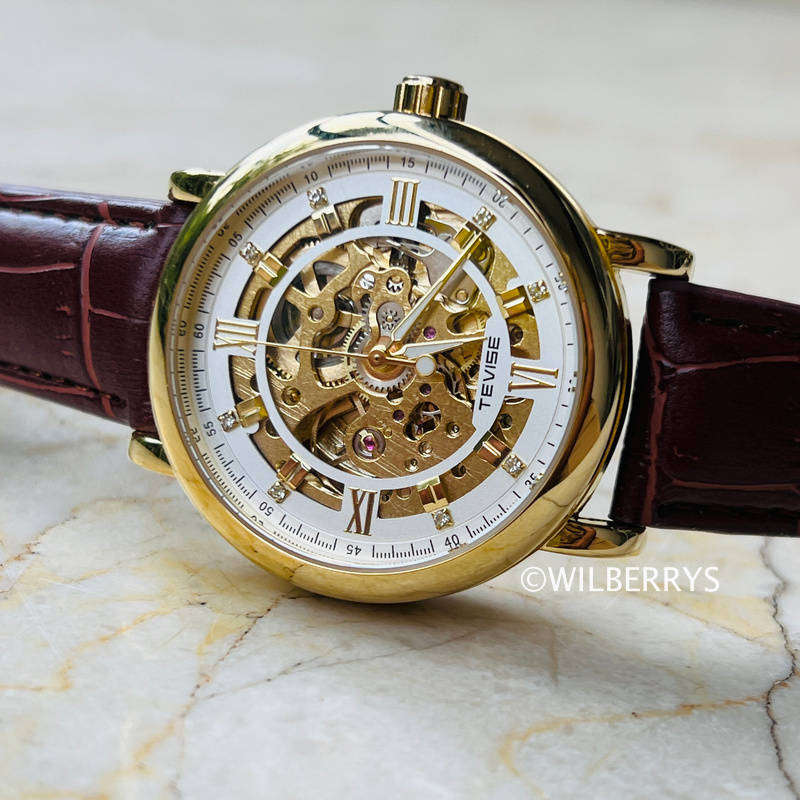 TEVISE Men`s Metropolis Leather Watch Gold/Brown