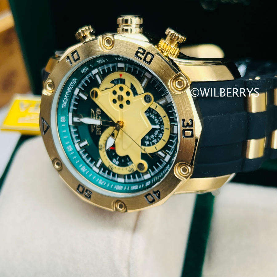 Invicta Pro Diver Scuba 50mm THICK/HEAVY build Gold/Green Chronograph Watch
