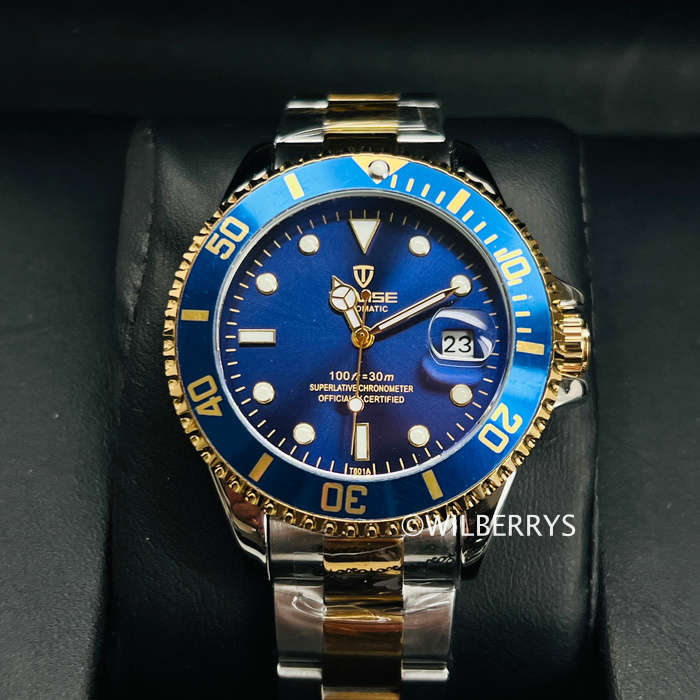 TEVISE ® Men`s TRIBUTE AUTOMATIC TWO TONE BLUE Dial Watch BRAND NEW