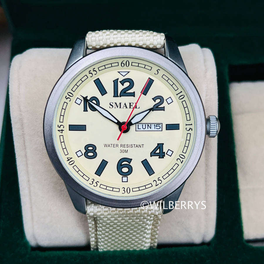 Smael Mens Aviator Classic Date Cream Watch