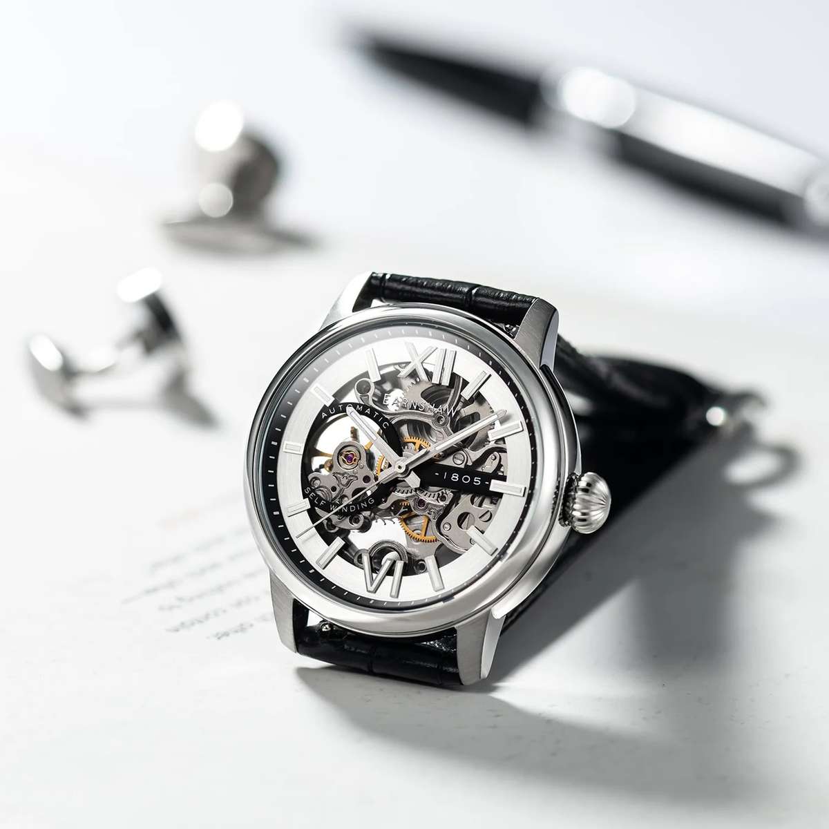 Thomas Earnshaw Skeleton Self Wind Skeleton Automatic Genuine Leather Strap Watch