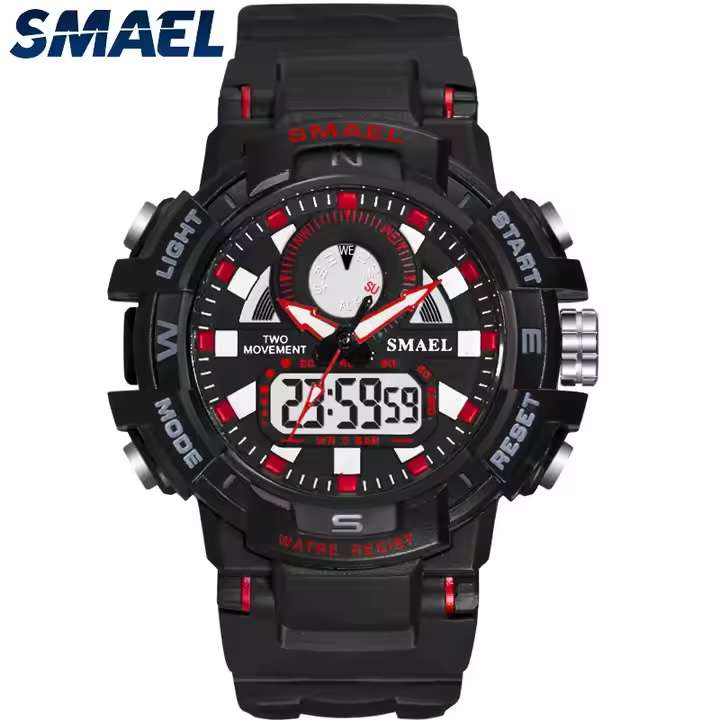 Smael Mens Control Fighter Black / Red Shock Proof Watch