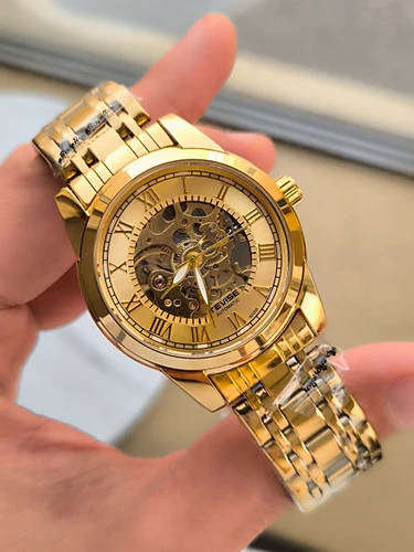 TEVISE ® Men`s Skeleton Classic Steel Two Tone Black Watch