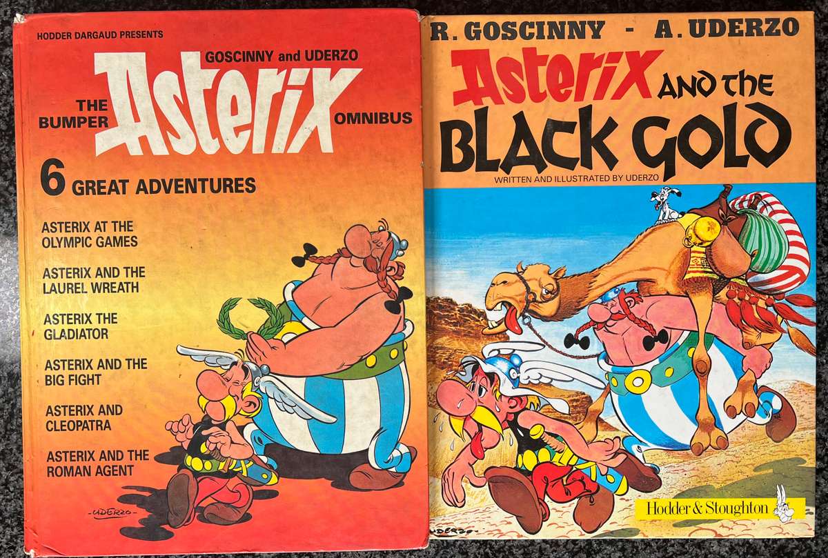 2 ASTERIX COMIC BOOKS! ASTERIX AND THE BLACK GOLD & THE BUMPER ASTERIX OMNIBUS BY R GOSCINNY AND...