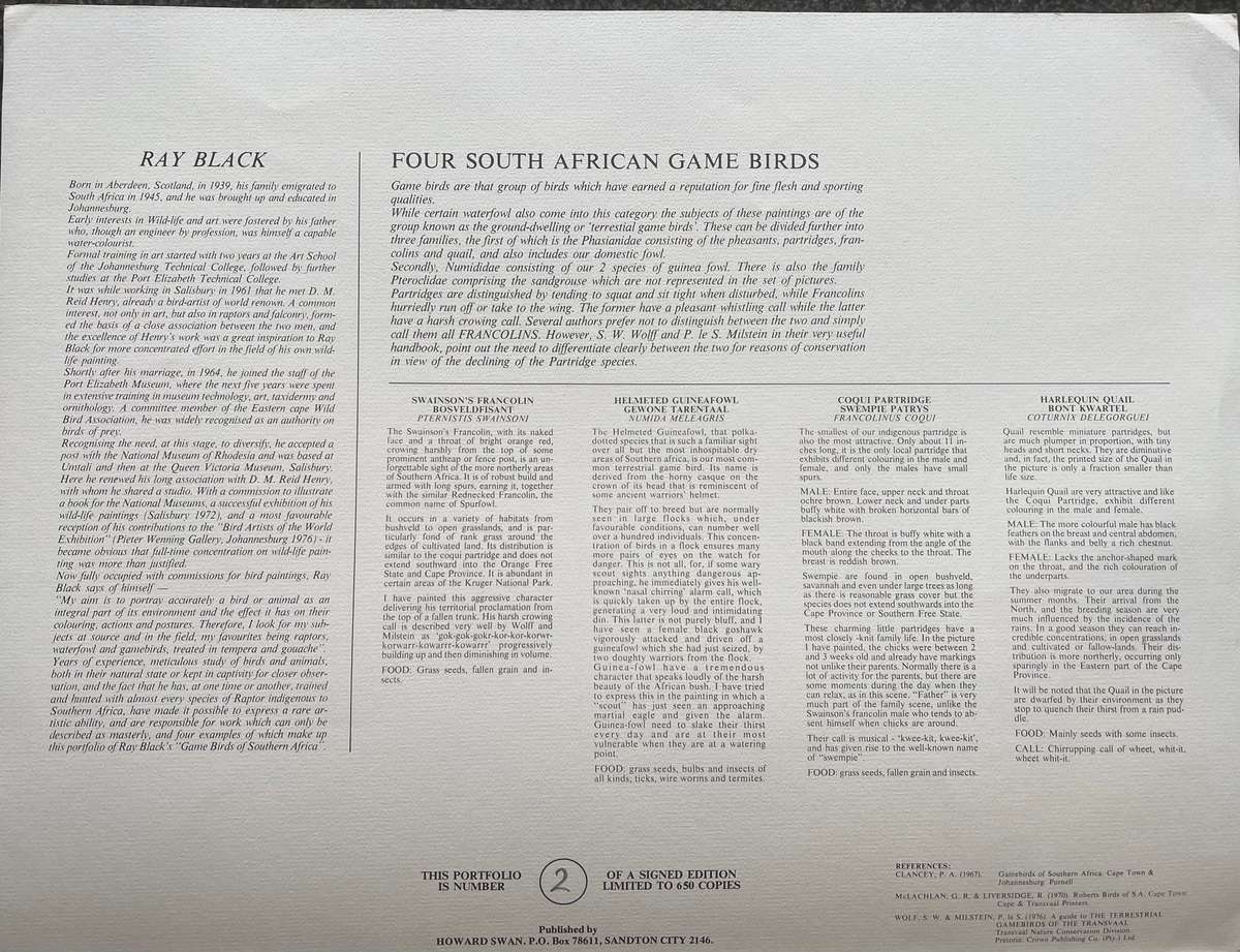 SIGNED, NUMBERED! 1 x COLLECTION OF 4 PRINTS BY RAY BLACK, SOUTH AFRICAN GAME BIRDS