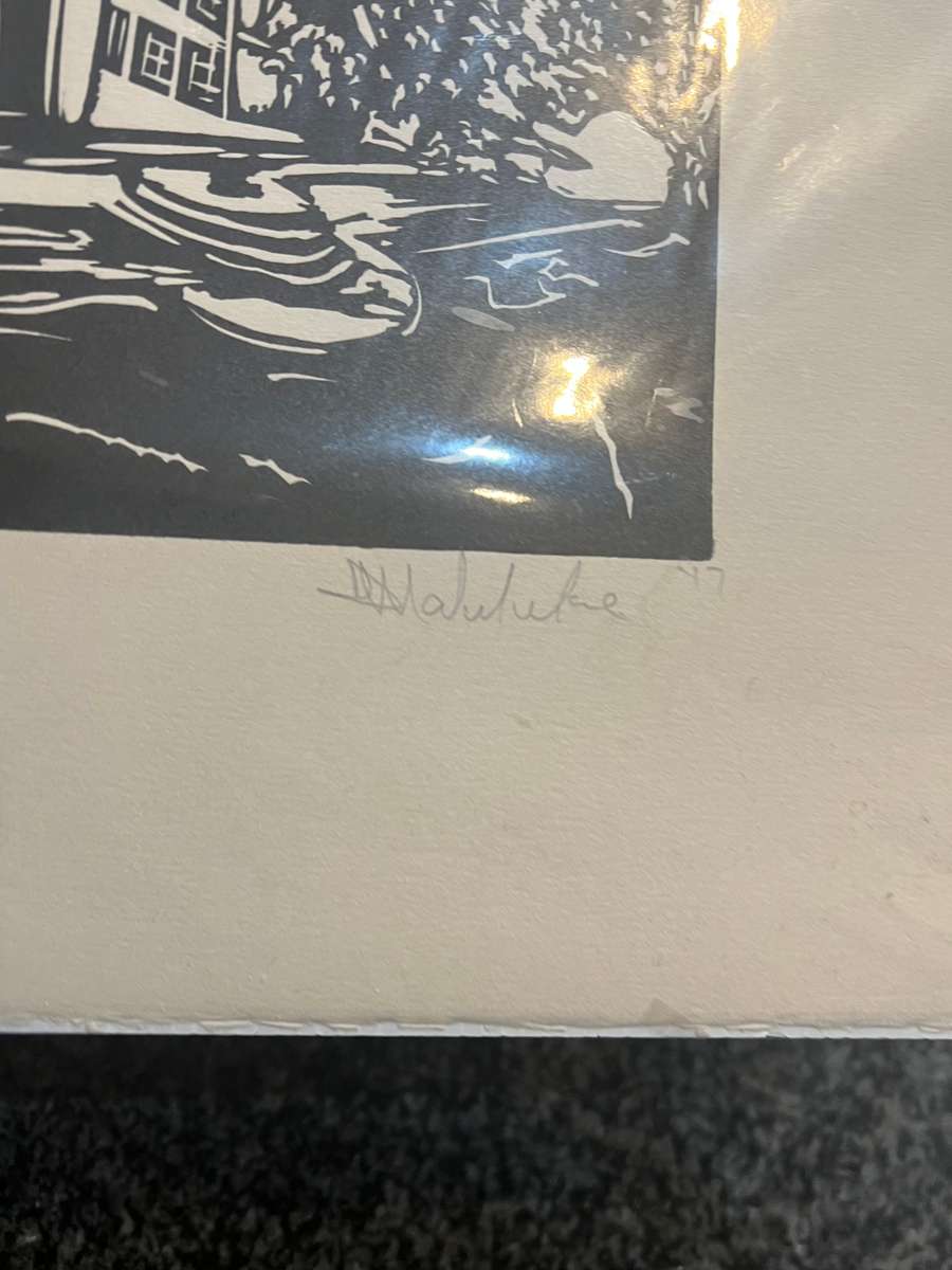 SIGNED, NUMBERED! ORIGINAL "GROOT CONSTANTIA" LINOCUT BY DZUNISANI MALULEKE