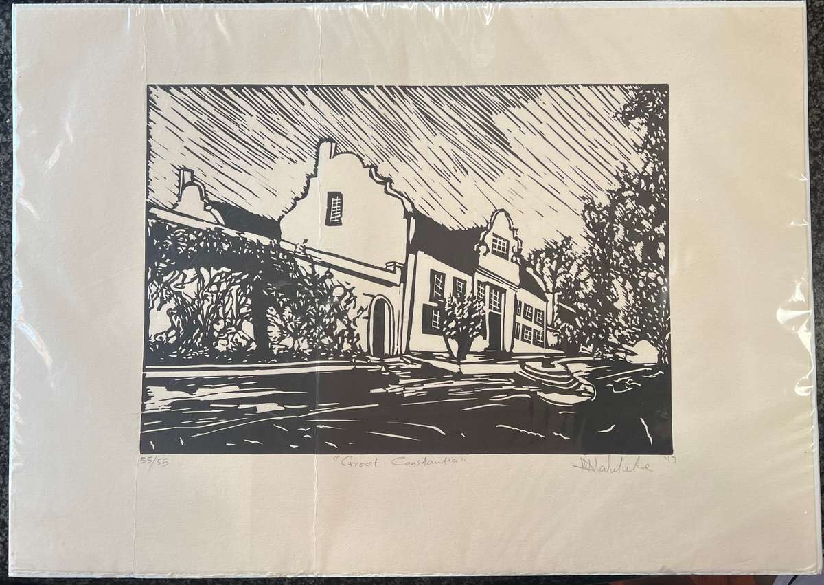 SIGNED, NUMBERED! ORIGINAL "GROOT CONSTANTIA" LINOCUT BY DZUNISANI MALULEKE