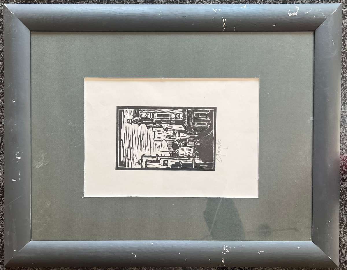 SIGNED! 1 x COLLECTION OF 5 MATCHING WOOD-FRAMED LINOCUTS BY GREGOIRE BOONZAIER