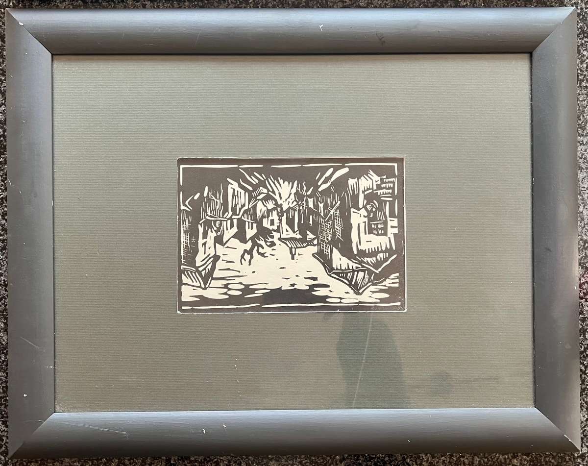SIGNED! 1 x COLLECTION OF 5 MATCHING WOOD-FRAMED LINOCUTS BY GREGOIRE BOONZAIER