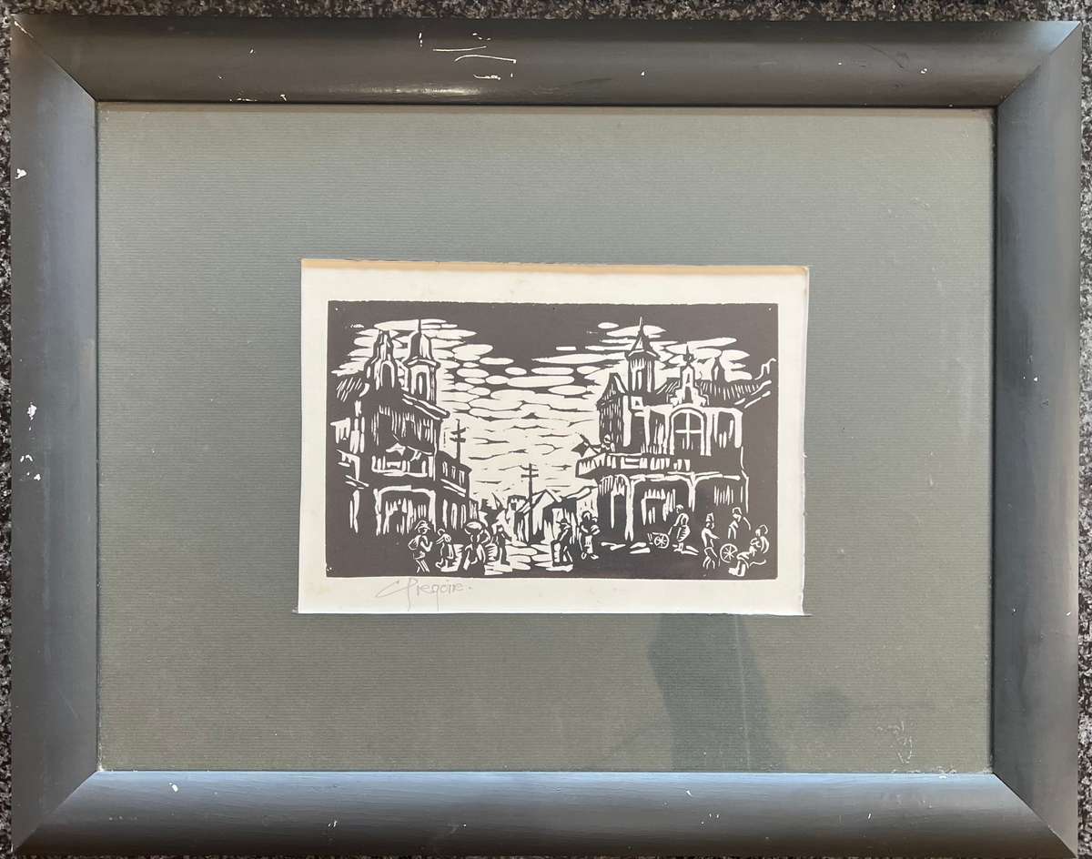 SIGNED! 1 x COLLECTION OF 5 MATCHING WOOD-FRAMED LINOCUTS BY GREGOIRE BOONZAIER