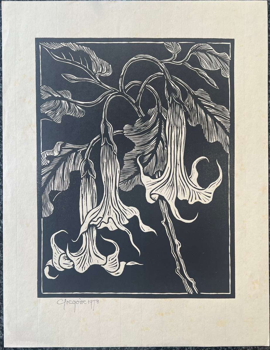 SIGNED AND DATED! GREGOIRE BOONZAIER LINOCUT "MAANBLOMME", 1978