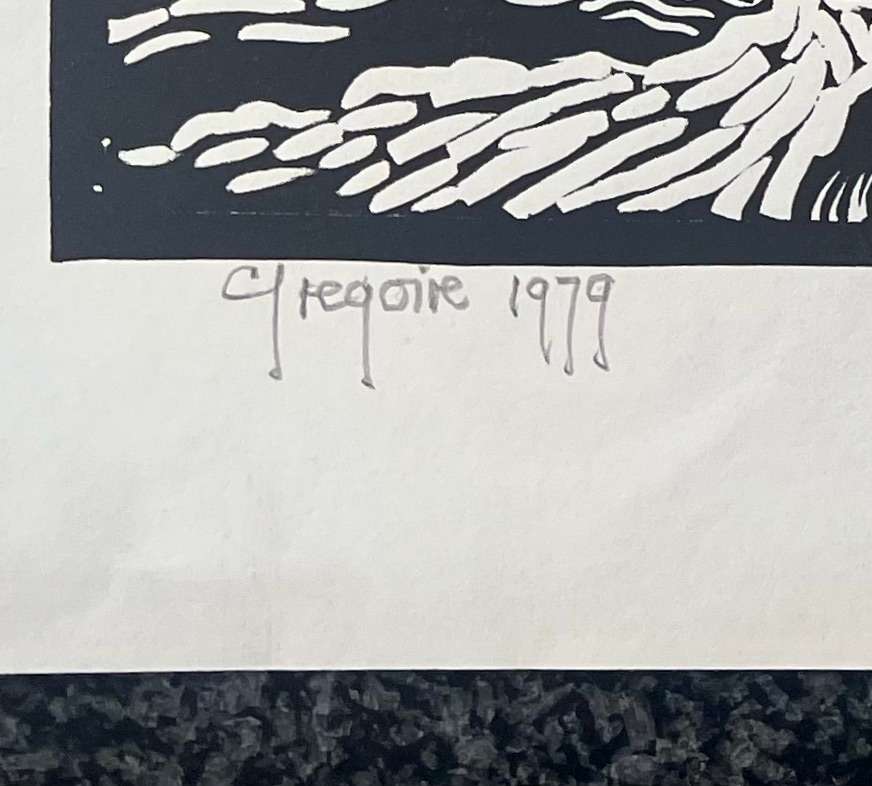 SIGNED AND DATED! GREGOIRE BOONZAIER LINOCUT "WINDSWEPT PINE TREES", 1979