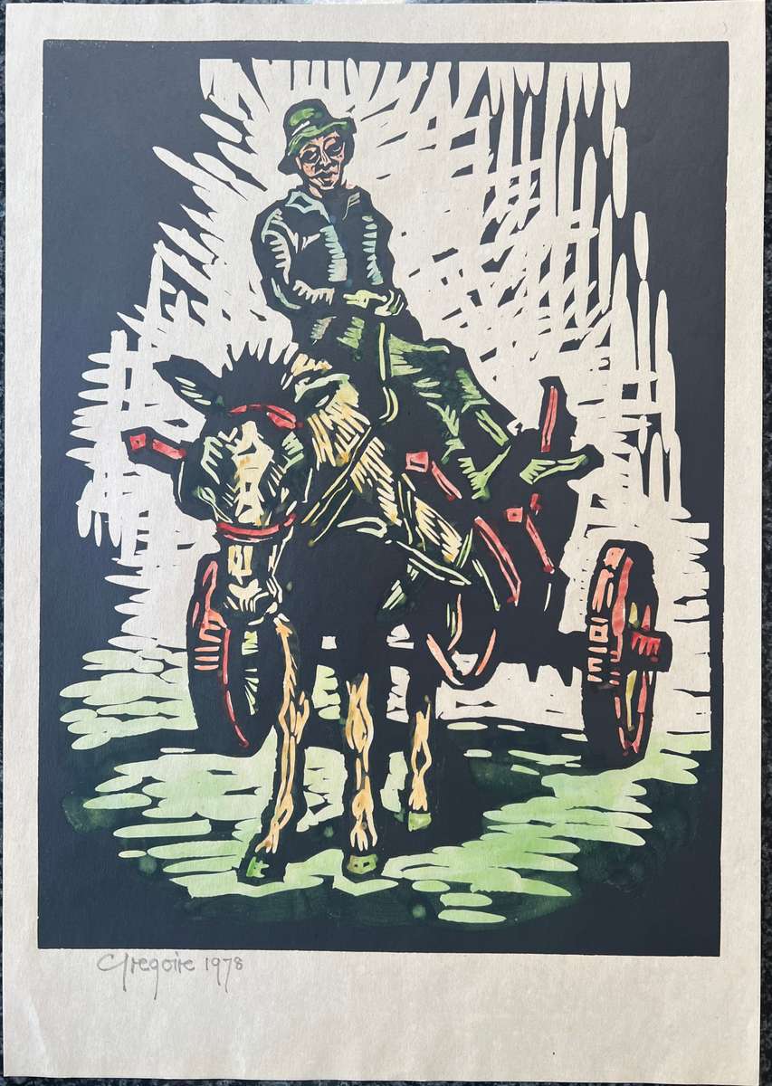SIGNED AND DATED! GREGOIRE BOONZAIER HAND COLOURED LINOCUT "DONKEY CART", 1978