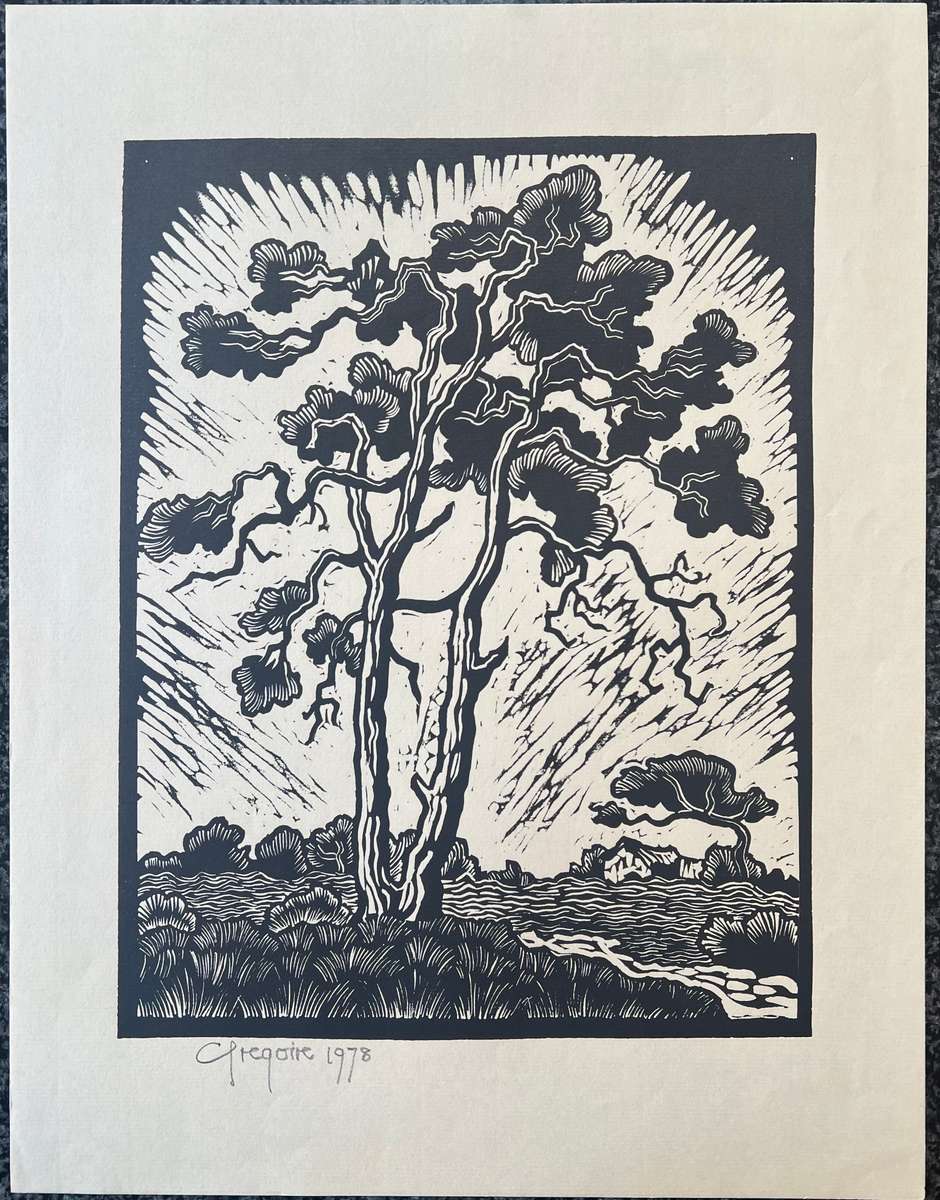 SIGNED AND DATED! GREGOIRE BOONZAIER LINOCUT "TREES", 1978