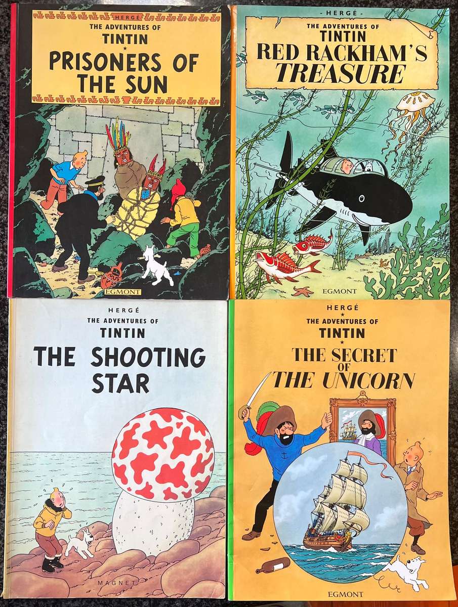 4 THE ADVENTURES OF TINTIN BOOKS: RED RACKHAM'S TREASURE, THE SHOOTING STAR, PRISONERS OF THE SUN,..