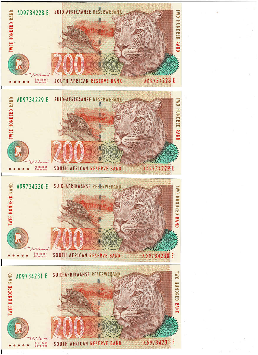 EXTREMELY RARE FIND! 1999 First Issue in sequence 10x R200 notes. Value R30K. Uncirculated.