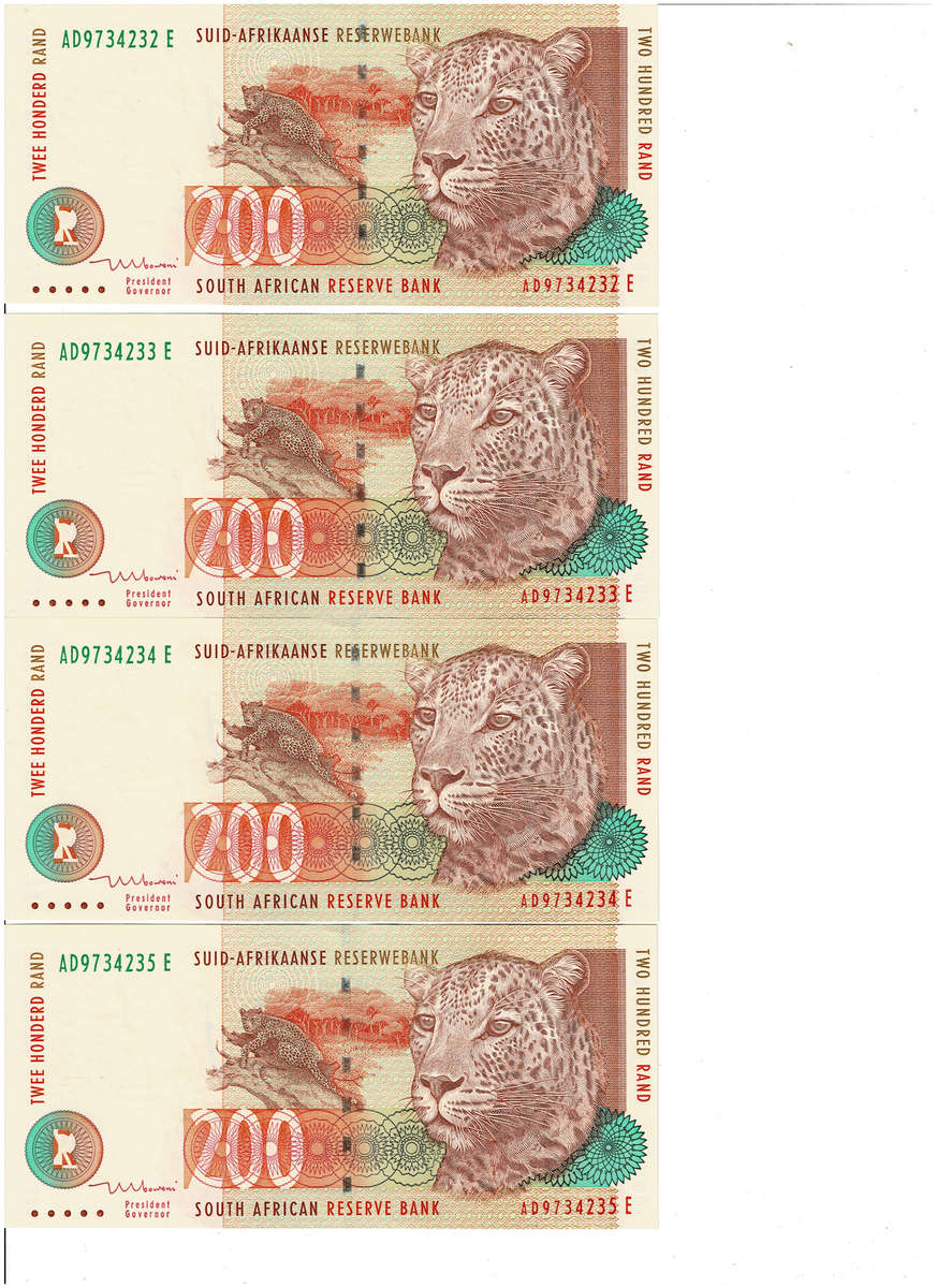 EXTREMELY RARE FIND! 1999 First Issue in sequence 10x R200 notes. Value R30K. Uncirculated.