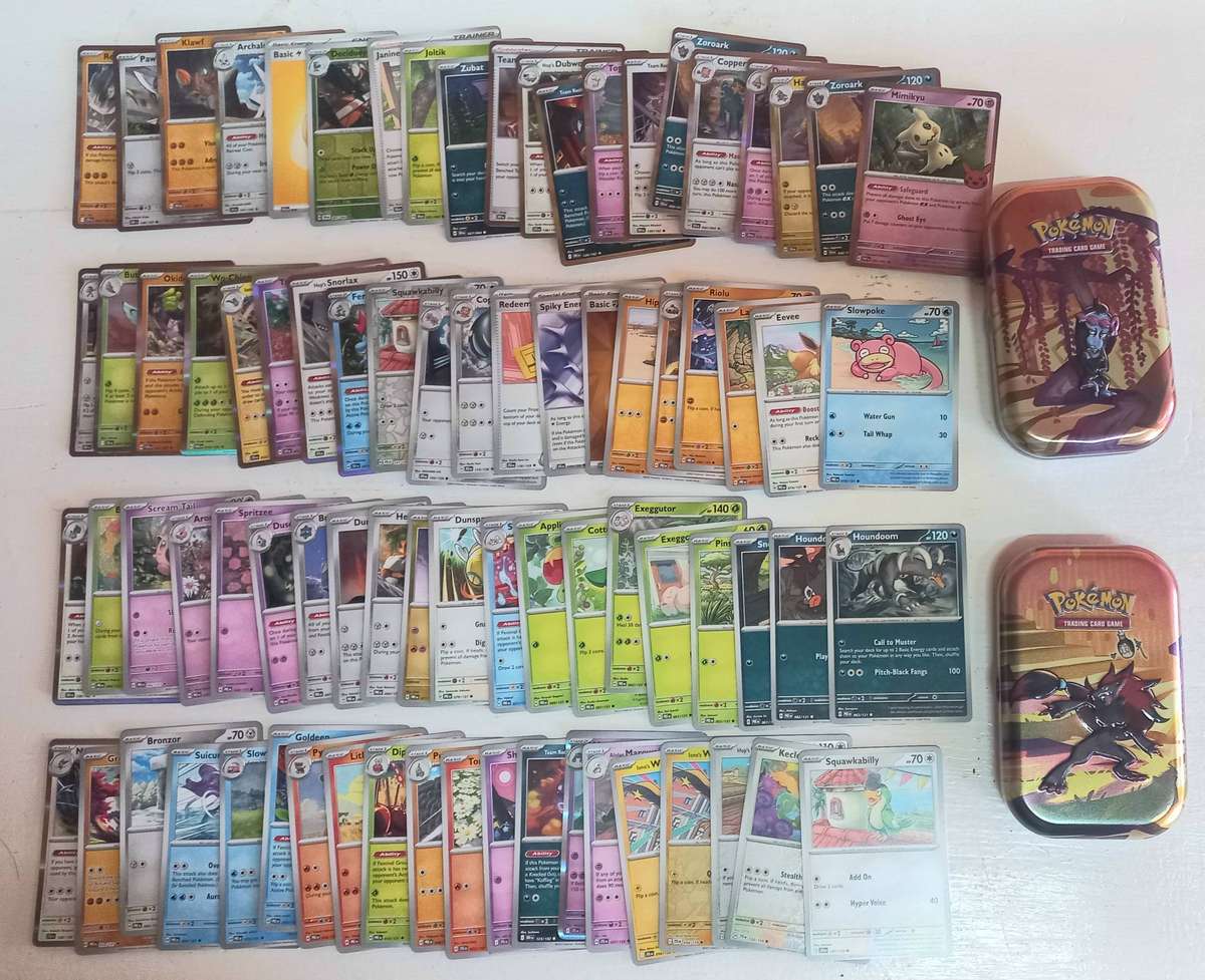 HUGE LOT!!! 80x Pokemon Mixed Cards and 2x empty Pokemon tins