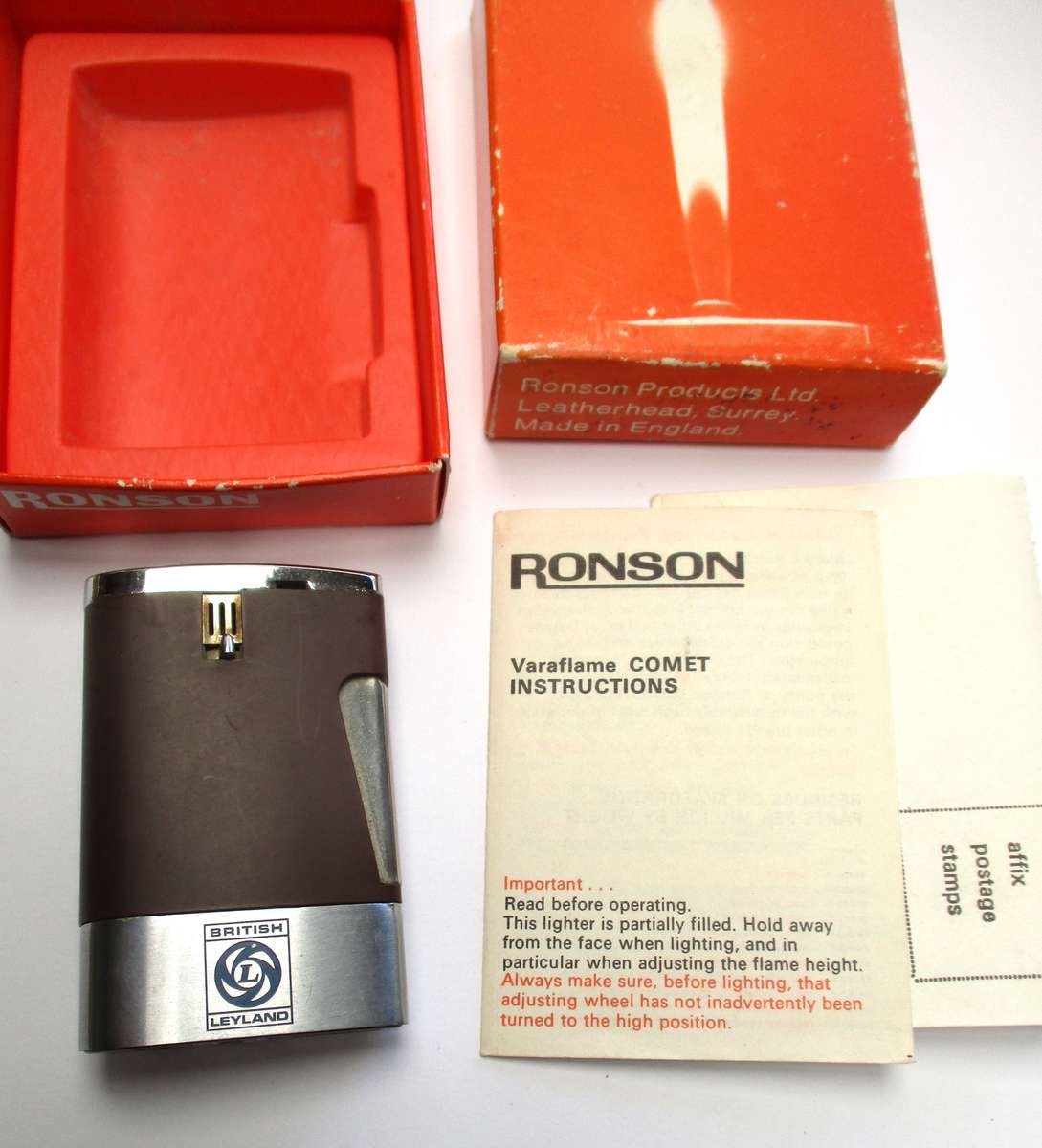 Vintage Ronson Comet Varaflame Gas Lighter - British Leyland - Original box and papers