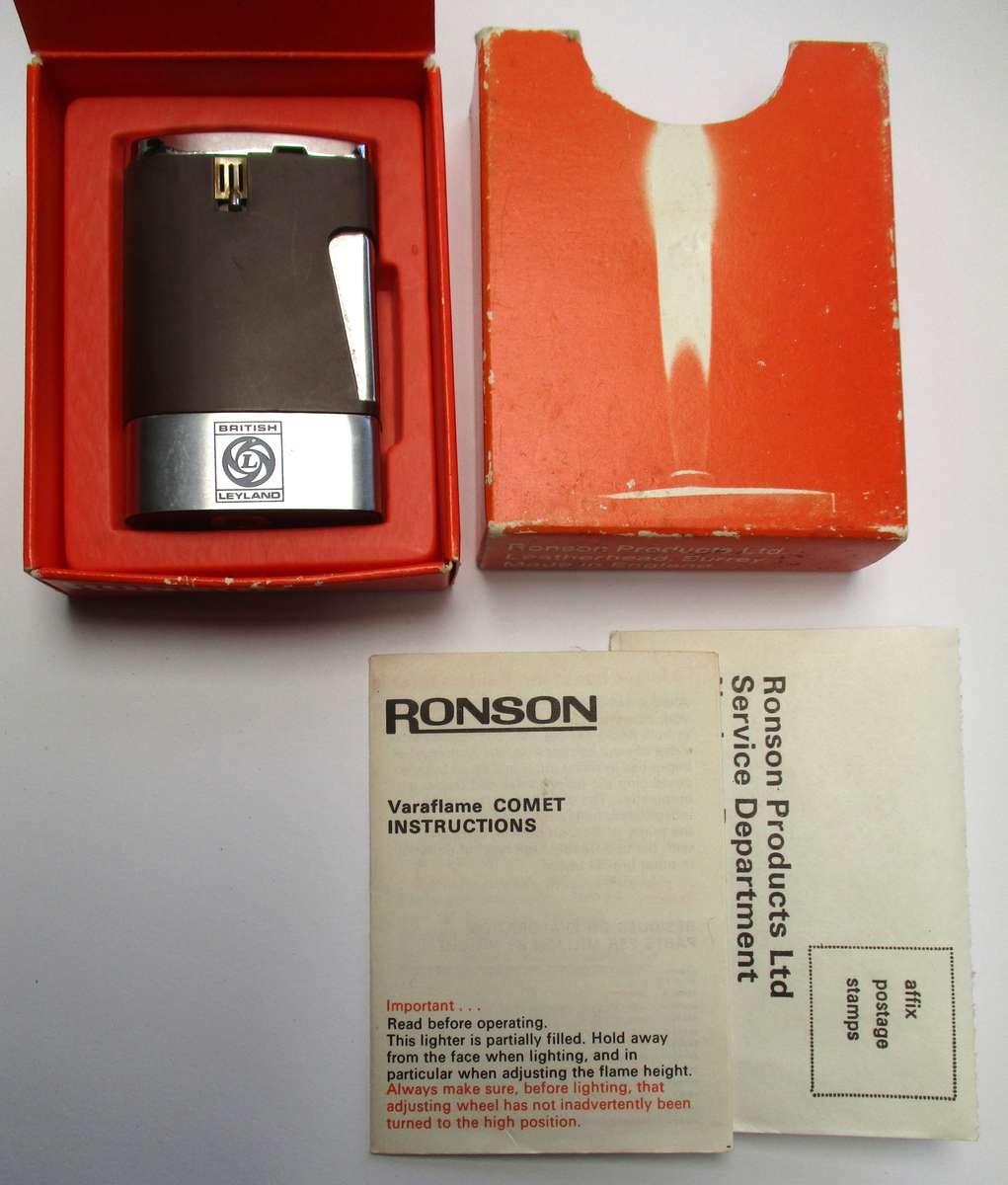 Vintage Ronson Comet Varaflame Gas Lighter - British Leyland - Original box and papers