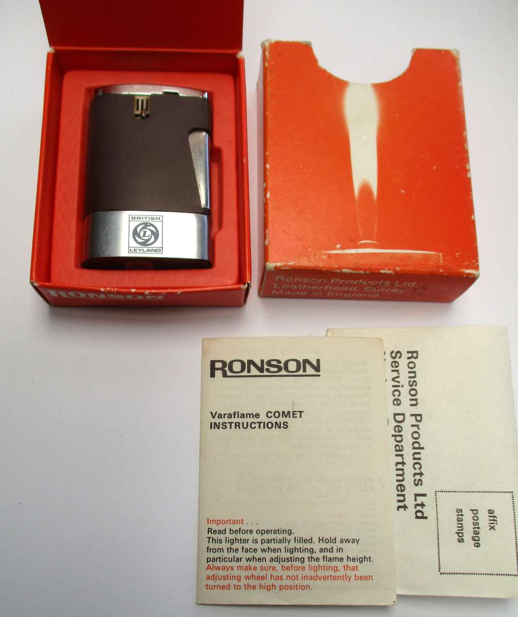 Vintage Ronson Comet Varaflame Gas Lighter - British Leyland - Original box and papers