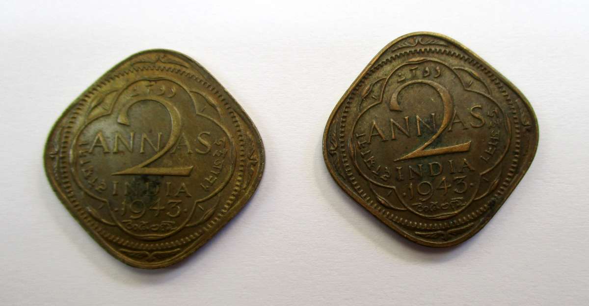 India 2 Annas coins 1943 - large and small 3 pair