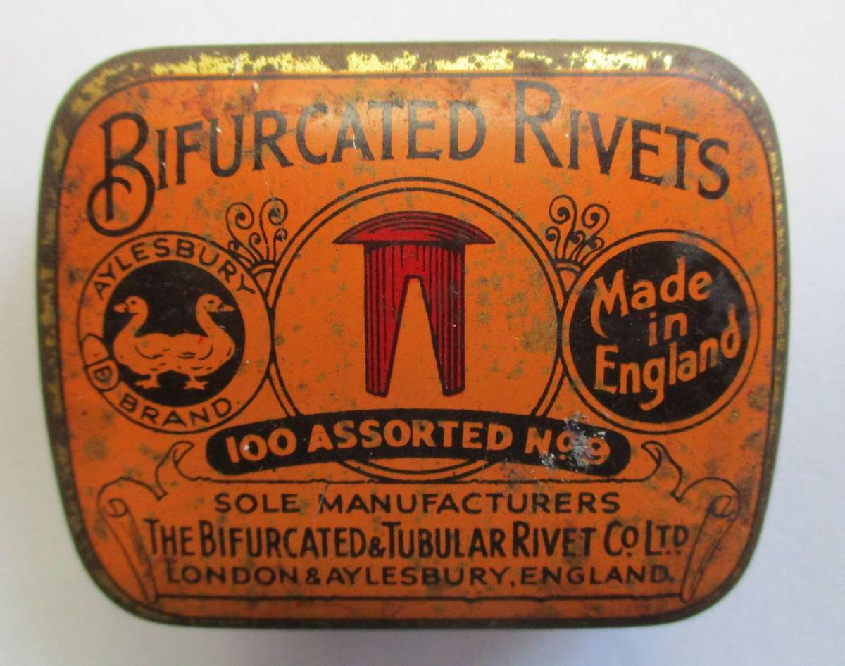 Vintage Bifurcated Rivet Tin with contents. Made in England / Copper rivets