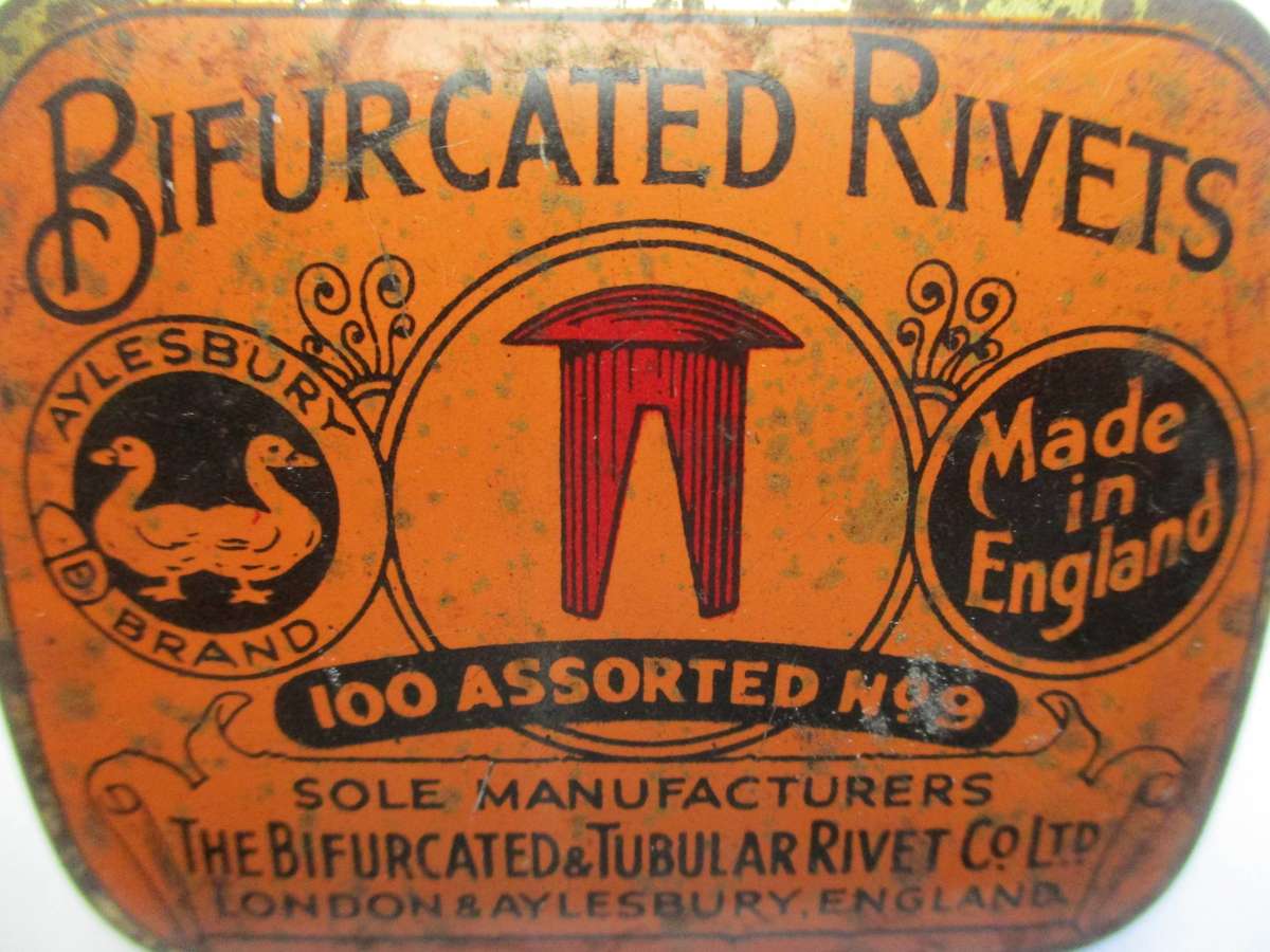 Vintage Bifurcated Rivet Tin with contents. Made in England / Copper rivets