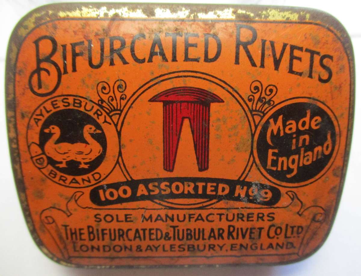 Vintage Bifurcated Rivet Tin with contents. Made in England / Copper rivets