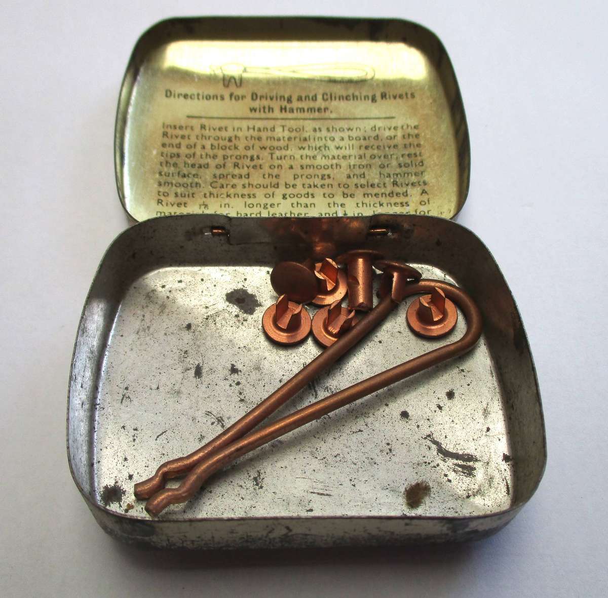 Vintage Bifurcated Rivet Tin with contents. Made in England / Copper rivets