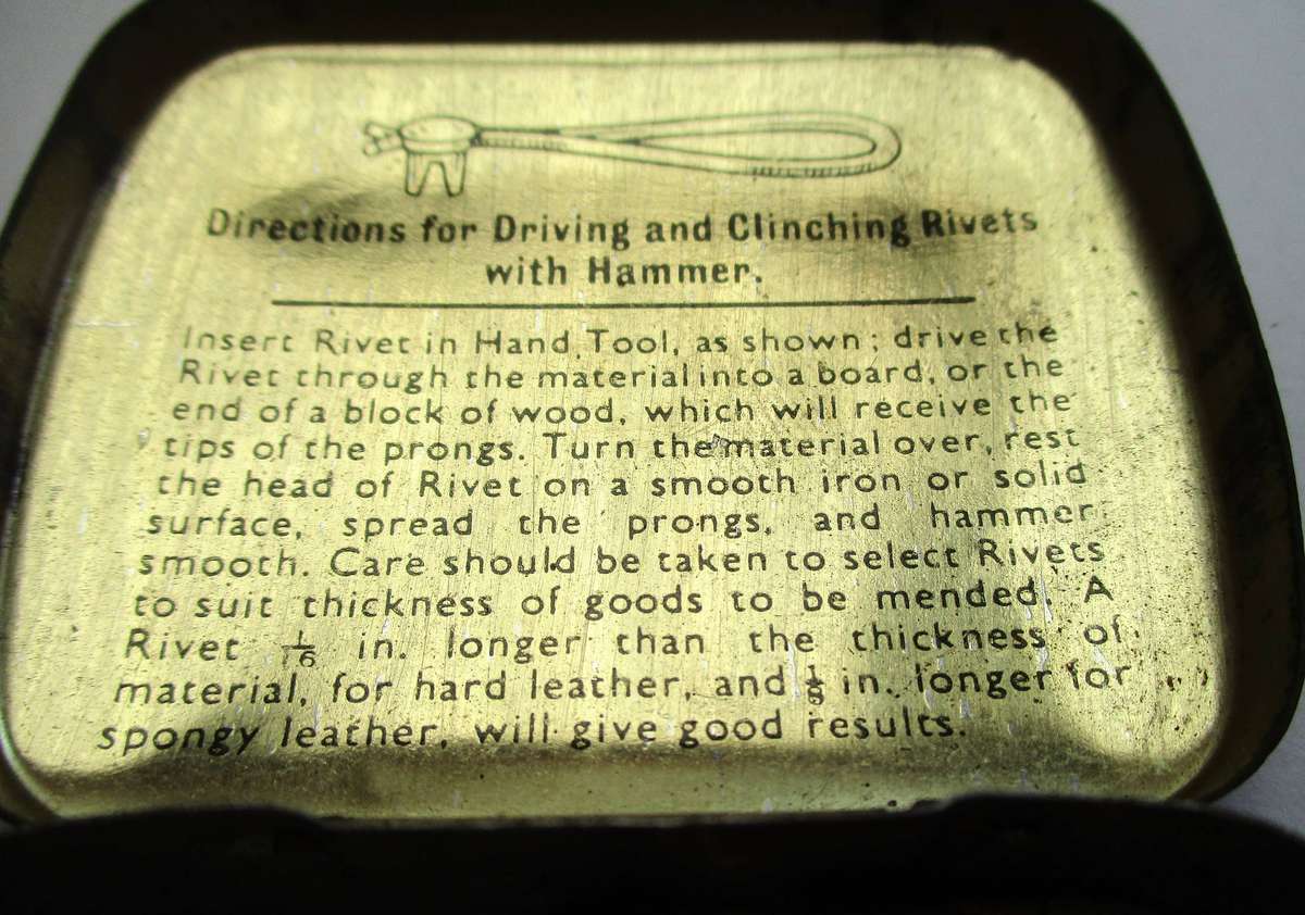 Vintage Bifurcated Rivet Tin with contents. Made in England / Copper rivets
