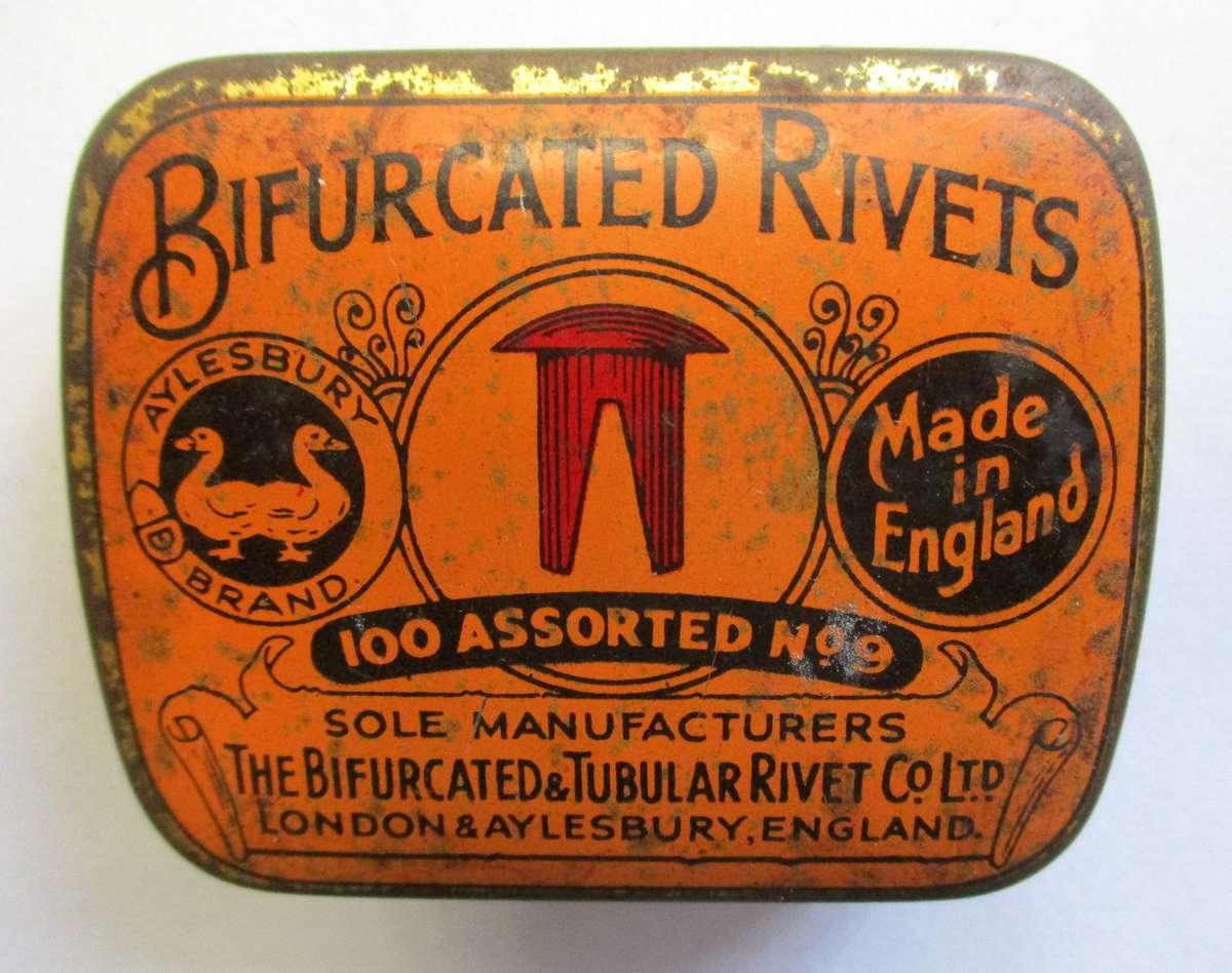 Vintage Bifurcated Rivet Tin with contents. Made in England / Copper rivets