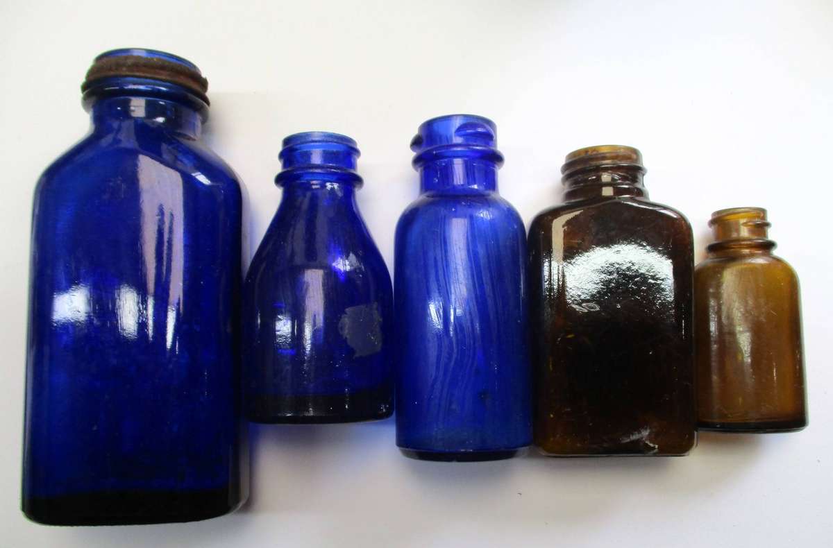 Vintage Medicine Bottles / Cobalt blue glass / brown glass