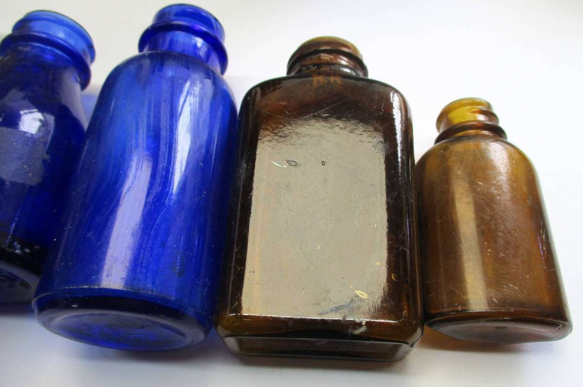 Vintage Medicine Bottles / Cobalt blue glass / brown glass